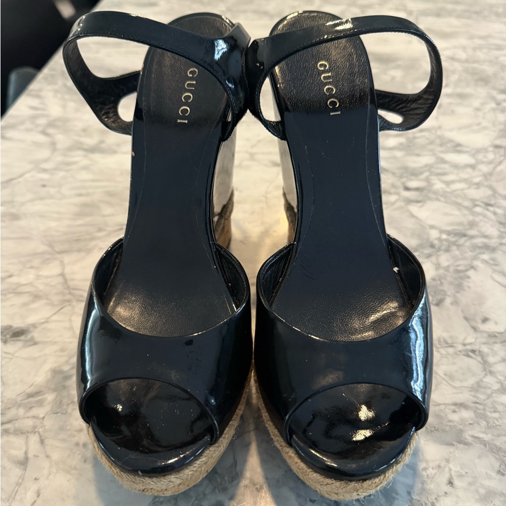 Gucci Black Patent Leather Wedge Sandals